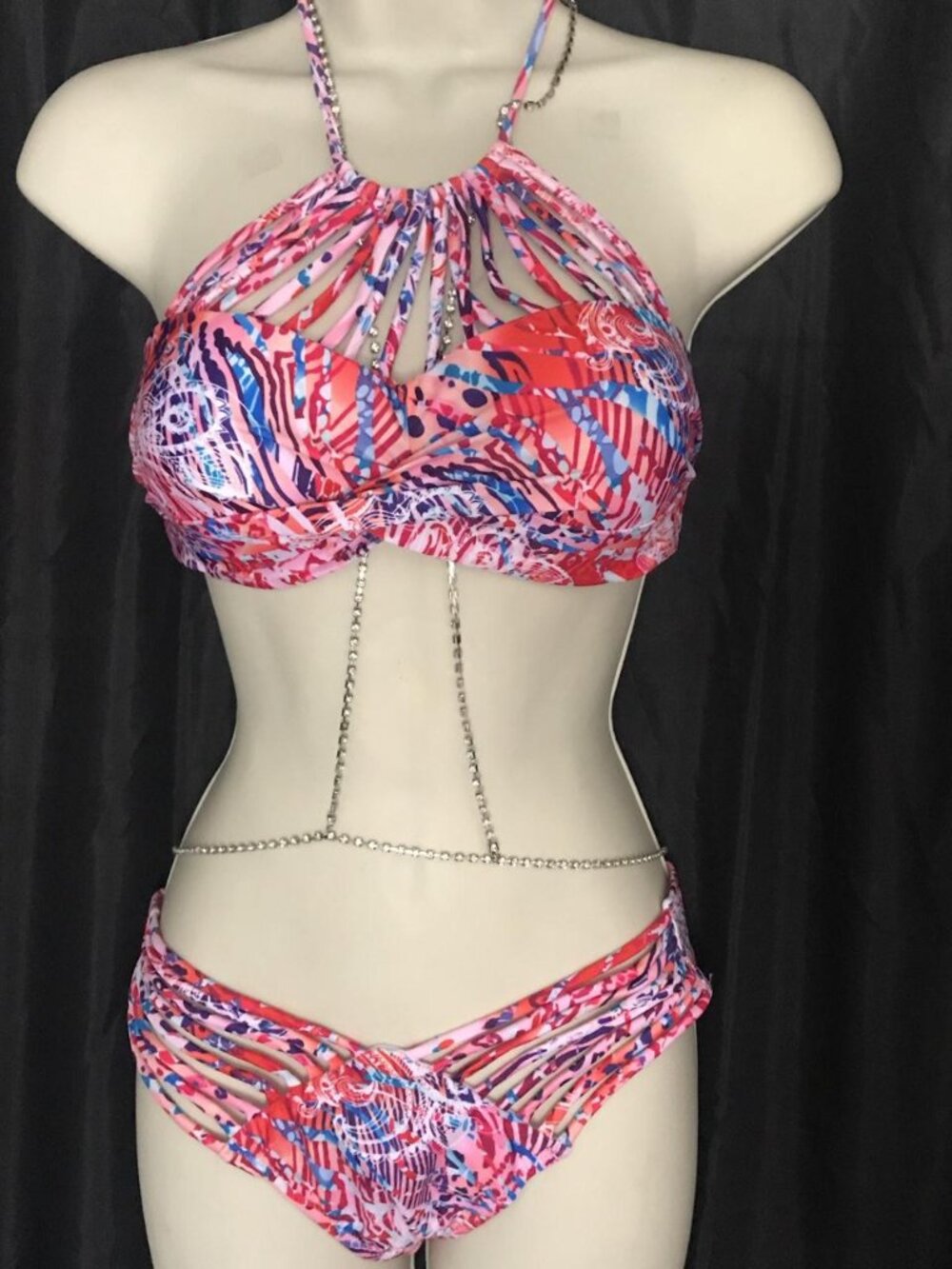 New Multi colored strappy  halter top ( with push up pads) w/ Semi full strappy
